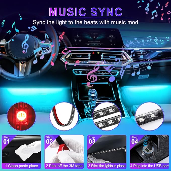 LivTee Smart Car Interior Lights, RGB LED Accent Lights with App Control, Music Mode, DIY Mode, 2-Line Design, Charger Included, Car Accessories for Women