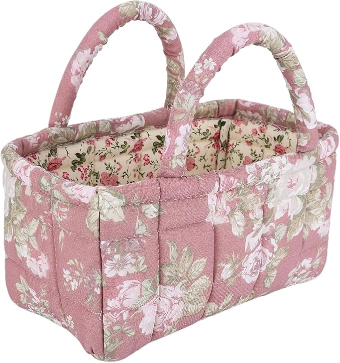 Small Storage Basket Organizer, Mini Fabric Floral Storage Baskets with Handle, Quilted Portable Collapsible Storage (D)