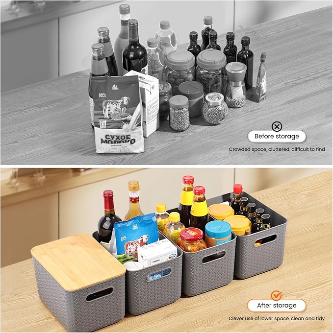 Ohmlove 4 Packs Storage Bins with Bamboo Lids - Plastic Storage Containers with Lids Stackable Storage Box：Storage Baskets fo