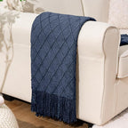 BATTILO HOME Navy Blue Throw Blanket with Fringe, Geometric Bed Blue Throws, Spring Decorative Large Throw for Couch Sofa Ind
