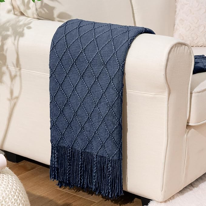 BATTILO HOME Navy Blue Throw Blanket with Fringe, Geometric Bed Blue Throws, Spring Decorative Large Throw for Couch Sofa Ind