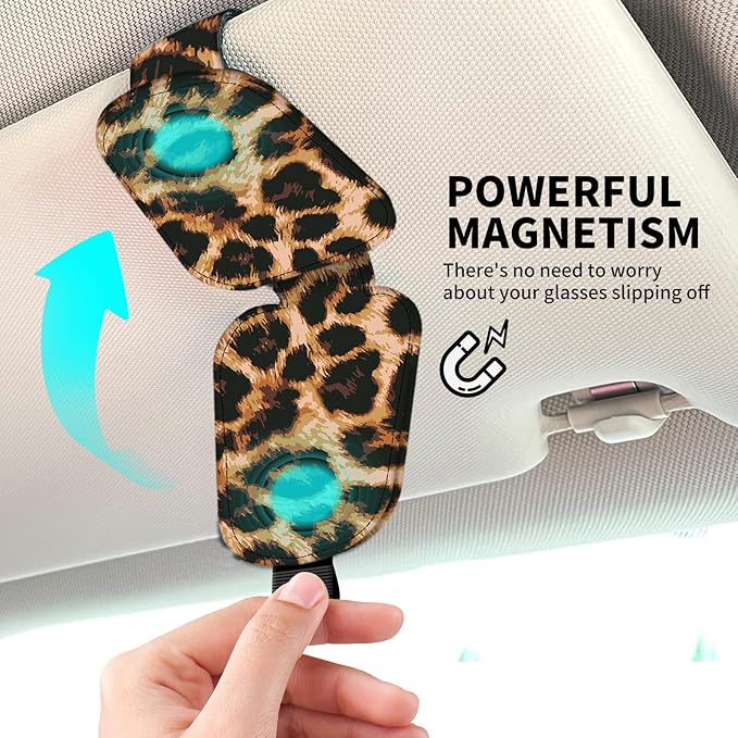 Leather Magnetic Sunglass Holder for Car Sun Visor, Cute Eyeglass Ticket Card Hanger Clip, Universal Auto Interior Accessories for SUV Pickup Truck Classic Leopard