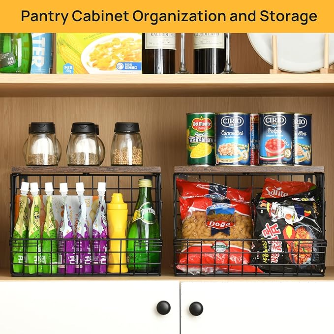 Wetheny 2pcs Fruit Basket Onion Storage Wire Basket with Wood Top- Wall Mounted & Stackable Kitchen Counter Organizer,Cabinet