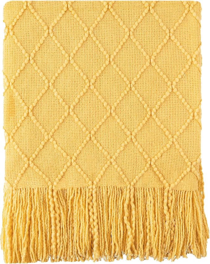 BATTILO HOME Mustard Throw Blanket with Fringe Geometric Bed Gold Yellow Throws Breathable Decorative Large Throw for Couch S