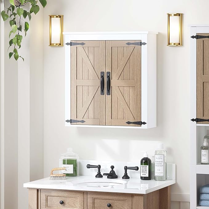 Spirich Bathroom Wall Cabinet Over Toilet, Farmhouse Wall Mounted Medicine Cabinet Organizer with Wood Grain Barn Doors and A