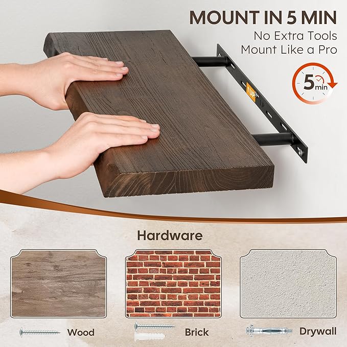 Floating Shelves Set of 2, Solid Elm Wood Wall Shelves 36 Inch - Invisible Bracket Mount for Living Room, Bedroom, Kitchen, B