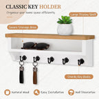 Nekon Key Holder Wall Mount, Wall Organizer Shelf with 5 Key Hooks, Room Decor for Home and Apartment Essentials, Wood and Wh