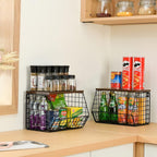 Wetheny 2pcs Fruit Basket Onion Storage Wire Basket with Wood Top- Wall Mounted & Stackable Kitchen Counter Organizer,Cabinet