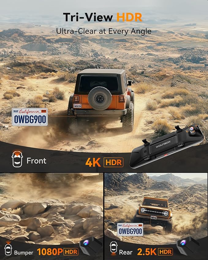 WOLFBOX G900 Tripro Bumper Version 3 Channel 4K Mirror Dash Cam, 8MP STARVIS 2 IMX678 Night Vision, 4K+2.5K+1080P Front and R