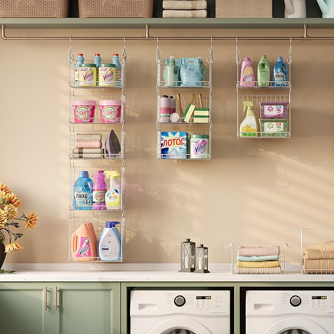 Sonyabecca 5-Tier Hanging Laundry Basket Organizer: Foldable Wire Shelf Basket with 4 Large Hooks 1.65" & 360°Rotating Hooks 