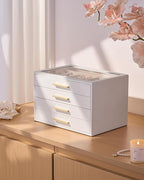 pickpiff Jewelry Box Organizer Case for Women: 4-Layer Jewelry Storage Case with Glass Window, Pure White Leather with Velvet
