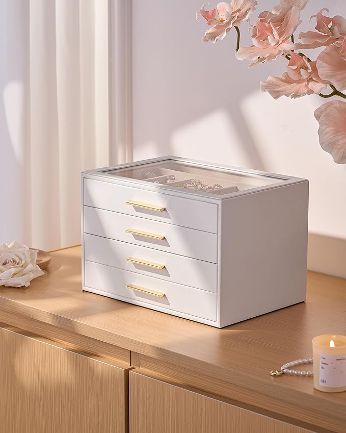 pickpiff Jewelry Box Organizer Case for Women: 4-Layer Jewelry Storage Case with Glass Window, Pure White Leather with Velvet