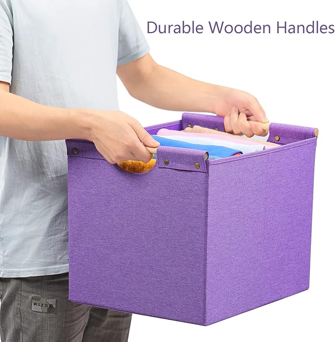 HOONEX Large Foldable Storage Bins, Linen Fabric, Pack of 2, Storage Baskets with Wooden Carry Handles and Sturdy Heavy Cardb