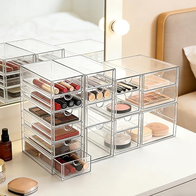Prsildan Acrylic Drawer Organizer with 17 Drawers, Craft Office Desk Makeup Organizers Accessories, Set of 4 Clear Stackable 