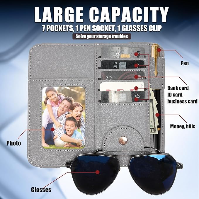 Visor Organizer, Grey Sunglass Holder For Car, Sunvisor Organizers with Multiple Pockets and Picture Frame, Essential Car Interior Accessories for Women and Men