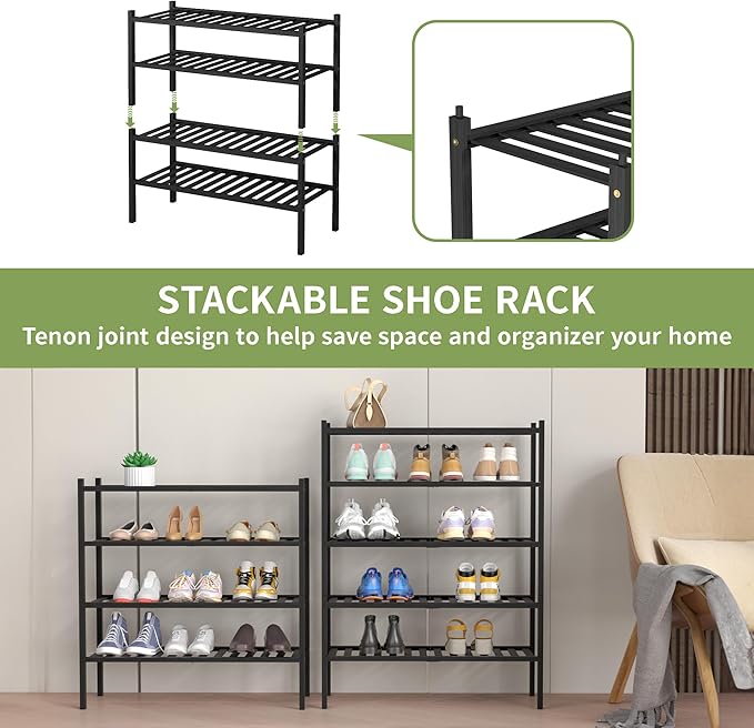 ROMGUAR CRAFT 4 Tier Bamboo Shoe Rack for Closet Free Standing Wood Shoe Shelf for Entryway Small Space Stackable 27"x11"x26"