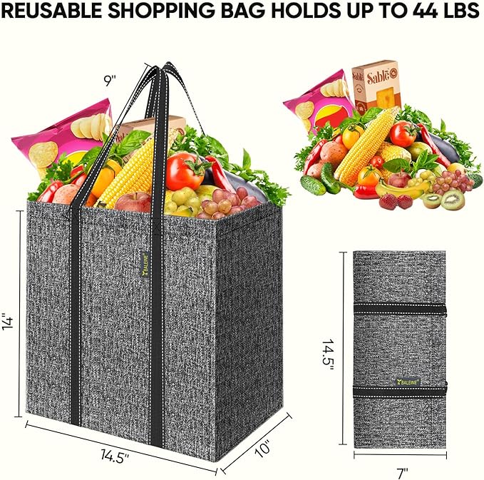 BALEINE 4 PK Grocery Bags Reusable Shopping Bags with Reinforced Bottom, Heavy Duty Foldable Tote Bags (Grey)