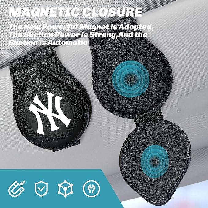 for MLB New York Yankees Car Visor Sunglass Holder - Black Leather Eyeglass Case with Team Logo, Clip-On Sun Visor Organizer for Auto Interior, NY Yankees Gifts