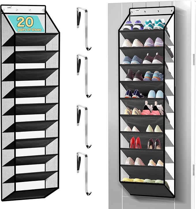 Kotkn 10 Tier Hanging Shoe Rack - Heavy Duty Behind The Door Hanging Shoe Rack, Sturdy Oxford Cloth, 20+ Pairs Over The Door 