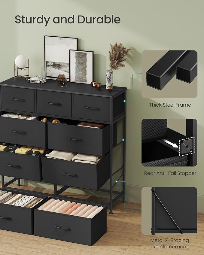 SONGMICS Dresser for Bedroom, Chest of Drawers, Steel, MDF, 9 Non-Woven Fabric Drawers, Storage Organizer Unit, Closet, Entry