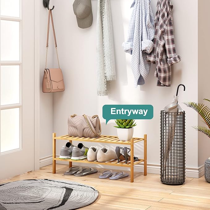 viewcare 2-Tier Bamboo Shoe Rack for Entryway, Bamboo Wood Shoe Organizer for Hallway Closet, Free Standing Shoe Racks for In