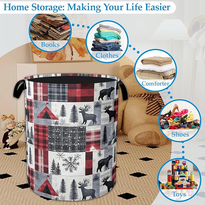 Vintage Forest Bear Laundry Hamper Animal Deers Laundry Basket Collapsible Portable Clothes Toy Storage Bin for Bathroom Bedr