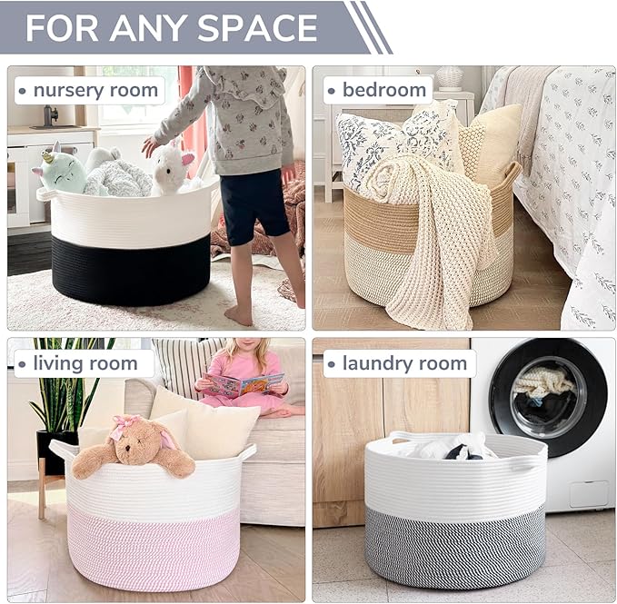 INDRESSME XXXLarge Cotton Rope Basket 21.7" x 21.7" x 13.8" Woven Baby Laundry Baskets Blanket Basket Toy Baskets with Handle