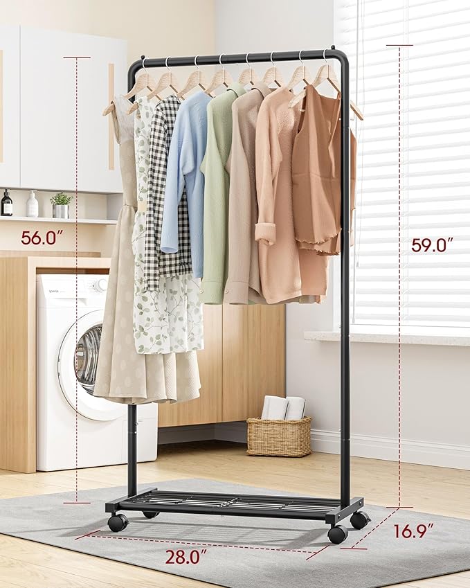 Sakugi Clothes Rack - Clothing Rack with Storage Mesh Shelf & Casters, Heavy-Duty Metal Clothing Rack for Hanging Clothes, Dr