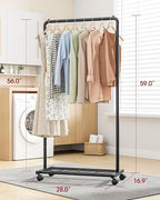 Sakugi Clothes Rack - Clothing Rack with Storage Mesh Shelf & Casters, Heavy-Duty Metal Clothing Rack for Hanging Clothes, Dr