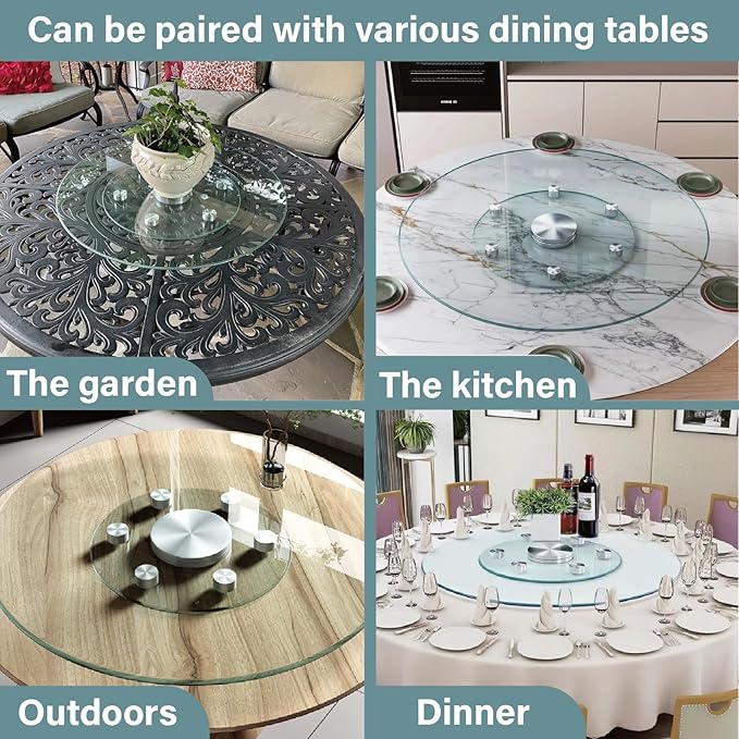28'' Glass Lazy Susan Turntable Dining Table, 360° Large Round Serving Plate Tabletop Rotating Tray with with 6 Elegance Assi
