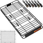 Mockins 84"x39"x6" XL Extendable Roof Rack Cargo Carrier for Top of Vehicle Storage | 250 Lbs Capacity Weatherproof Steel Roof Basket | Heavy Duty Car Rooftop Cargo Carrier Set w/Ratchet Straps & Net