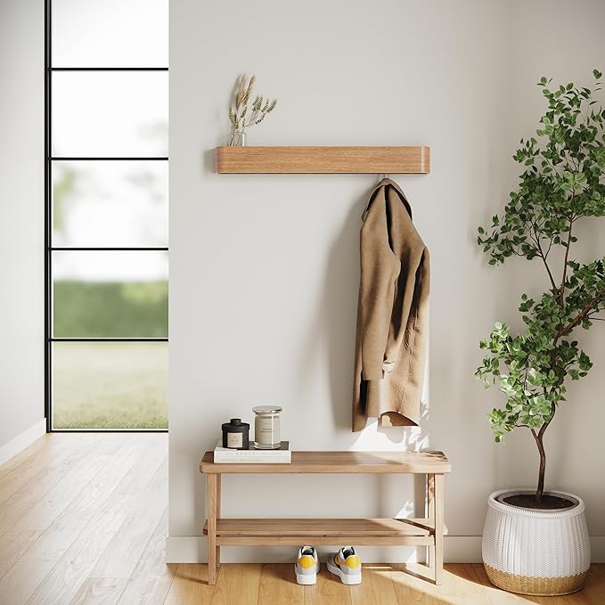 Kazai. Wall-Mounted Coat Rack 'Toke' - Modern Design Coat Rack with Hidden Wall Hooks - Solid Wood Veneer Panel Coat Hanger -