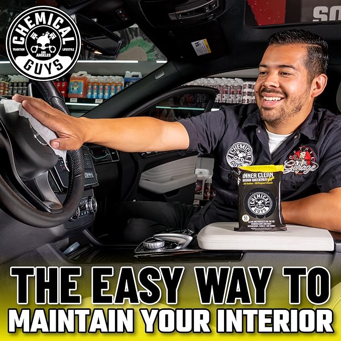 Chemical Guys InnerClean Interior Quick Detailer & Protectant Wipes – 50 Pack Multi Surface Interior Cleaner Wipes for Dashbo