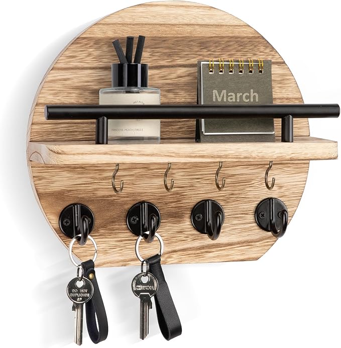Nekon Key Holder for Wall - 9.8 Inch Apartment Wall Decor with Shelf and 8 Key Hooks, Circular Wood Key Hanger for Home Decor