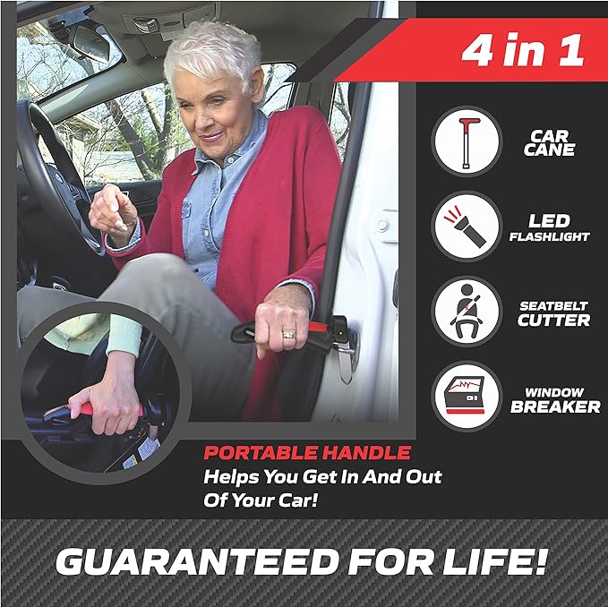 Emson Car Cane, All-in-One Car Cane Door Handle and Mobility Aid with Built in LED Flashlight, Window Breaker Seatbelt Cutter