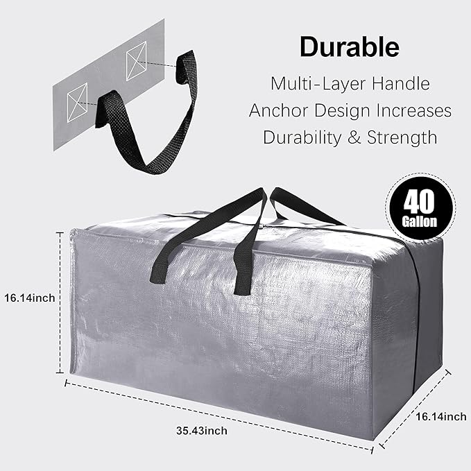6 Pack Heavy Duty Extra Large Moving Bags W/Backpack Straps - Strong Handles & Zippers, Storage Totes For Space Saving, Fold 