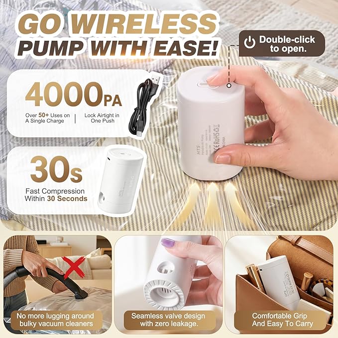 Vacuum Seal Bags for Clothing Travel with Rechargeable Electric Pump, Space Saver Vacuum Storage Bags Travel, Reusable Compre