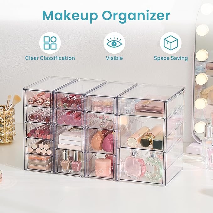Vtopmart 4 Set Clear Desk Organizer, Pen Organizer with 16 Drawers, Acrylic Desktop Organization and Storage for Office Suppl