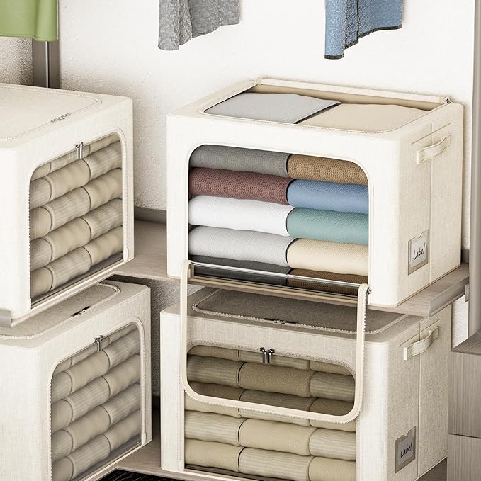 4 Pack Clothes Storage Bins with Metal Frame - 66L Stackable Storage Box with Lid，Foldable Storage Container Organizer for Cl