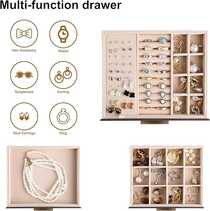 Frebeauty Clear Lid Jewelry Box,3-Layer Jewelry Organizer with Drawer,PU Leather Jewelry Organizers and Storage,Jewelry Boxes