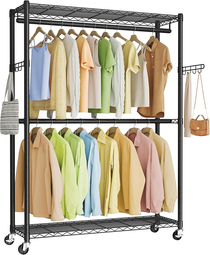 SONGMICS Heavy-Duty Rolling Clothes Rack, Garment Rack, Portable Closet on Wheels, with Adjustable Mesh Shelves and Hanging R