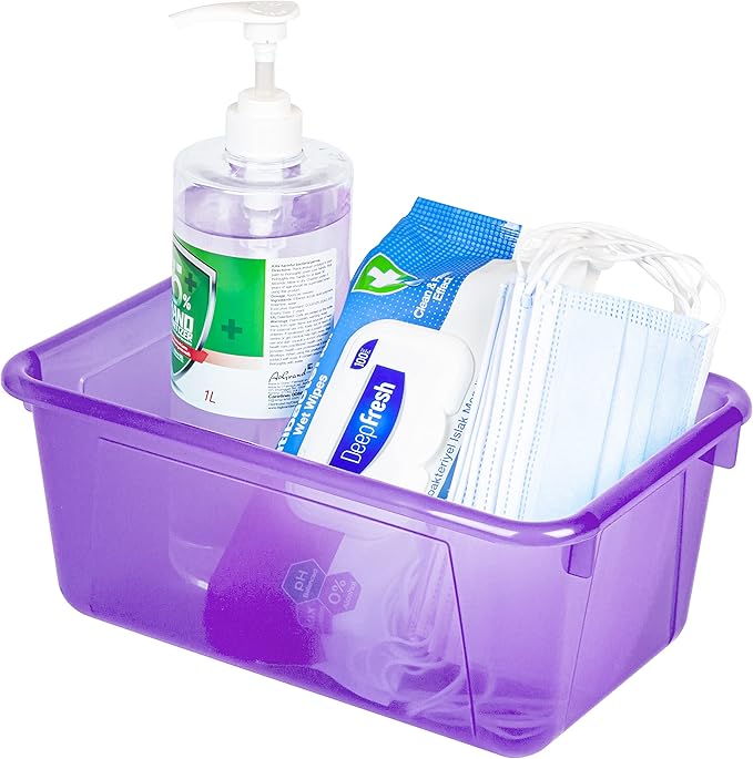 Storex Small Cubby Bins – Plastic Storage Containers for Classroom with Non-Snap Lid, 12.2 x 7.8 x 5.1 inches, Tint Violet, 5