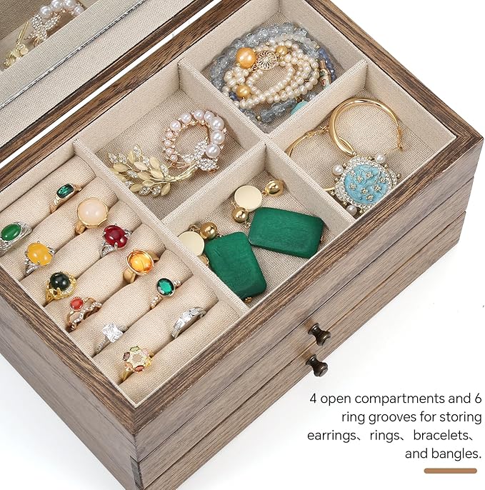 Meangood Jewelry Box Organizer for Women, 3 Layer Large Jewelry Storage Case, Rustic Wooden Jewelry Box with Mirror & Ring Tr
