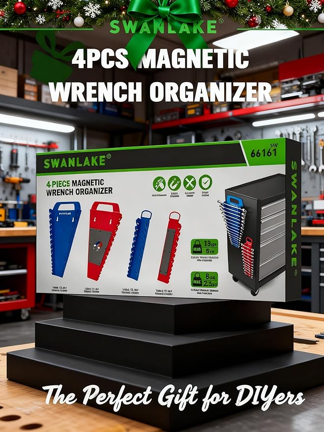 SWANLAKE 4-Pack Magnetic Wrench Organizer Toolbox Holder, 2PCS 15-Slot and 2PCS 12-Slot Wrench Organizers, SAE & Metric Ratch