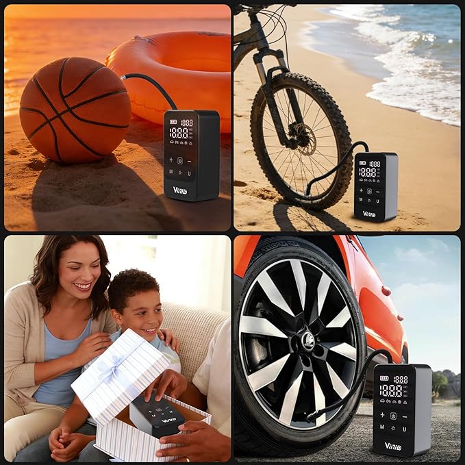 Vinid Cordless Air Compressor, 75W Portable Tire Inflator with Digital Pressure Gauge, Auto Shut Off, Fast Inflation for Car Tires, Bike, Motorcycle, Balls & Inflatables, Rechargeable Battery Powered