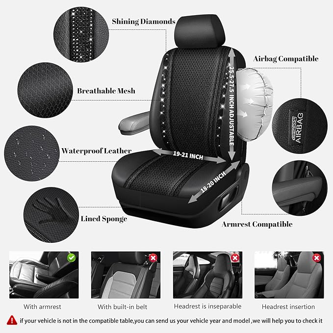 CAR PASS Memory Foam Mesh Bling Diamond Car Seat Cover 2 Front Seats Breathable Soft Sponge Universal Shining Glitter Sparkly Crystal Fit Armrest Automotive Truck SUV Cute Women Girl, Black Rhinestone