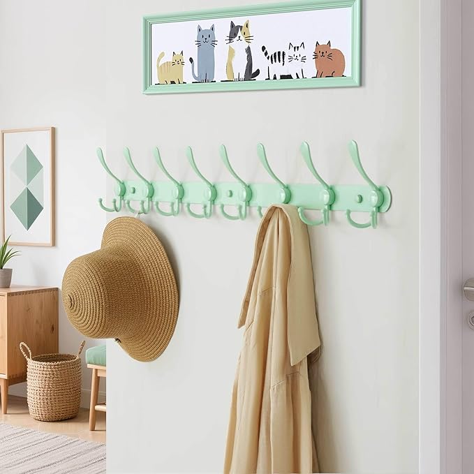 Dseap Coat Rack Wall Mount - 29.5” Long 8-Tri-Hooks Heavy Duty Coat Hanger Rail Wall Hooks for Hanging Coats Hats Clothing Cl