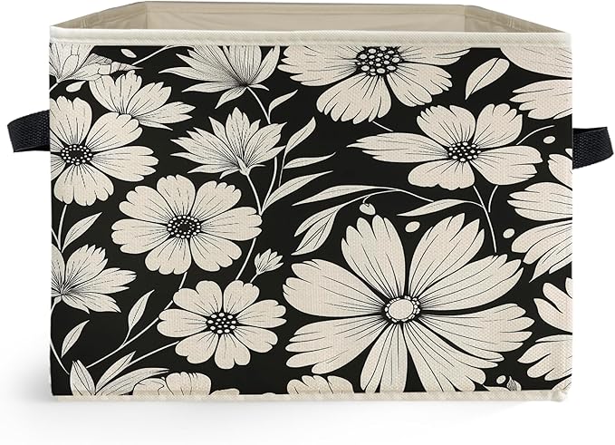 Black and White Floral Storage Box Bins, Vintage Botanical Daisy Flower Collapsible Storage Basket Organizer for Bedroom Laun