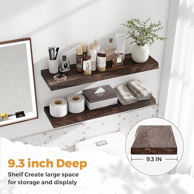 RICHFOCUS Live Edge Elm Floating Shelves - 30" W x 9.3" D Rustic Solid Wood Wall Shelves with Invisible Bracket, Wall-Mounted