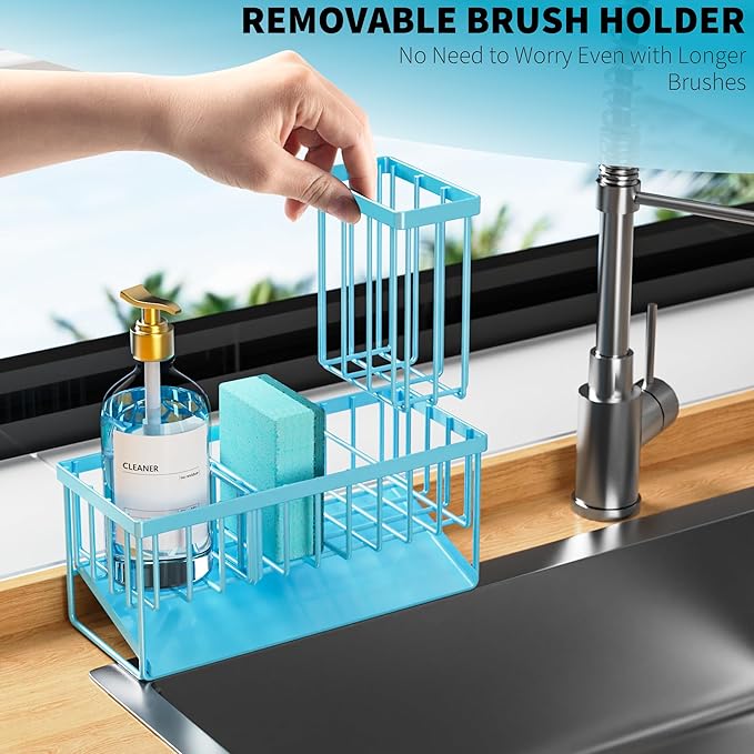 Cisily Blue Kitchen Sink Caddy Organzier with High Brush Holder, Sponge Holder for Sink, 304 Rustproof Stainless, Kitchen Cou